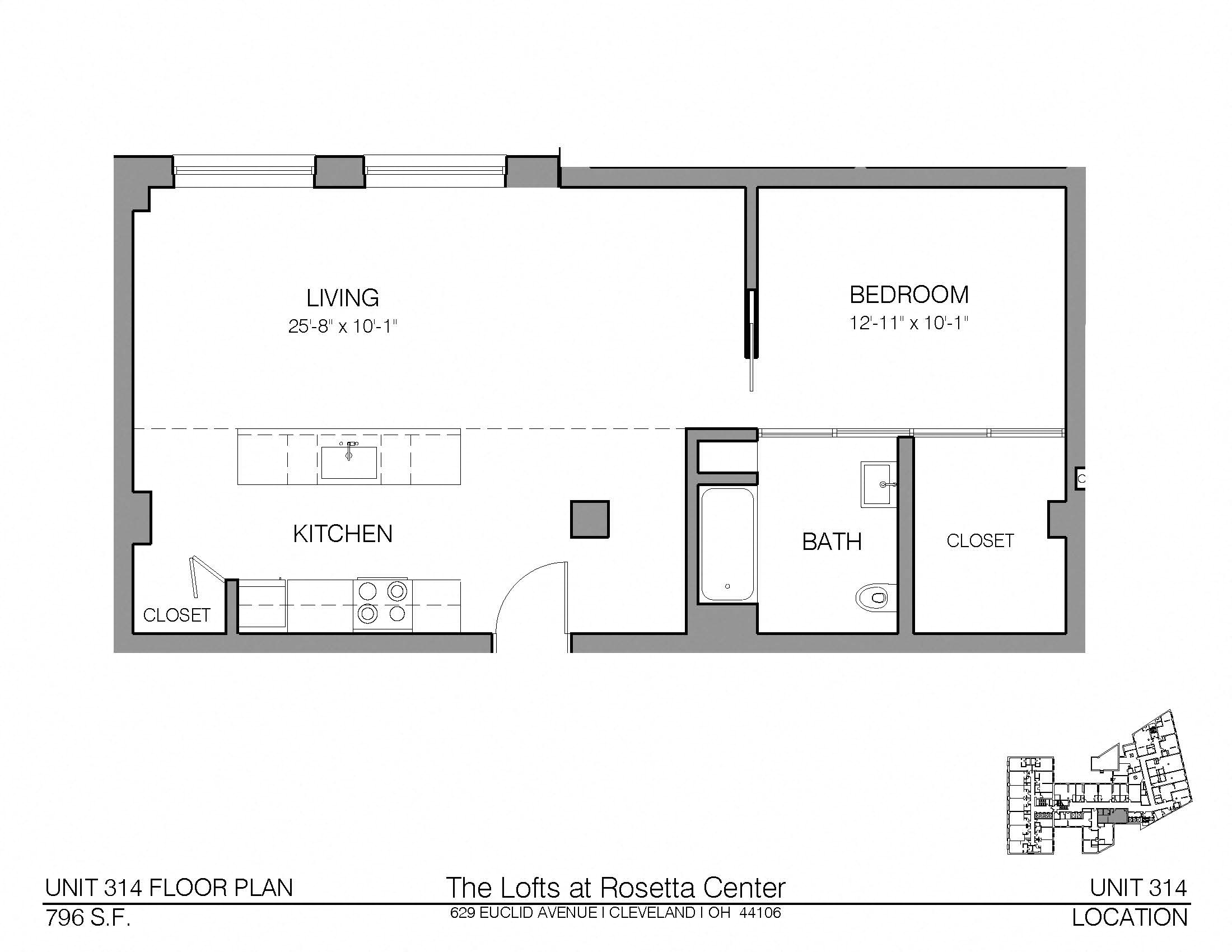 Floor plan for 1 bed, 1 bath, 796 sqft